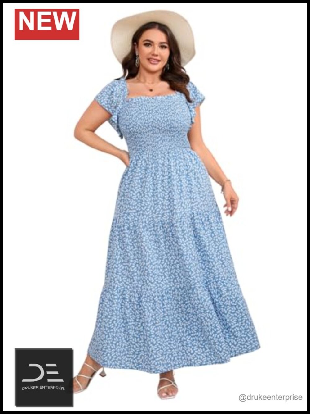 Women's Plus Size Smocked Boho Maxi Dress Ruffle Sleeve Square Neck Flowy